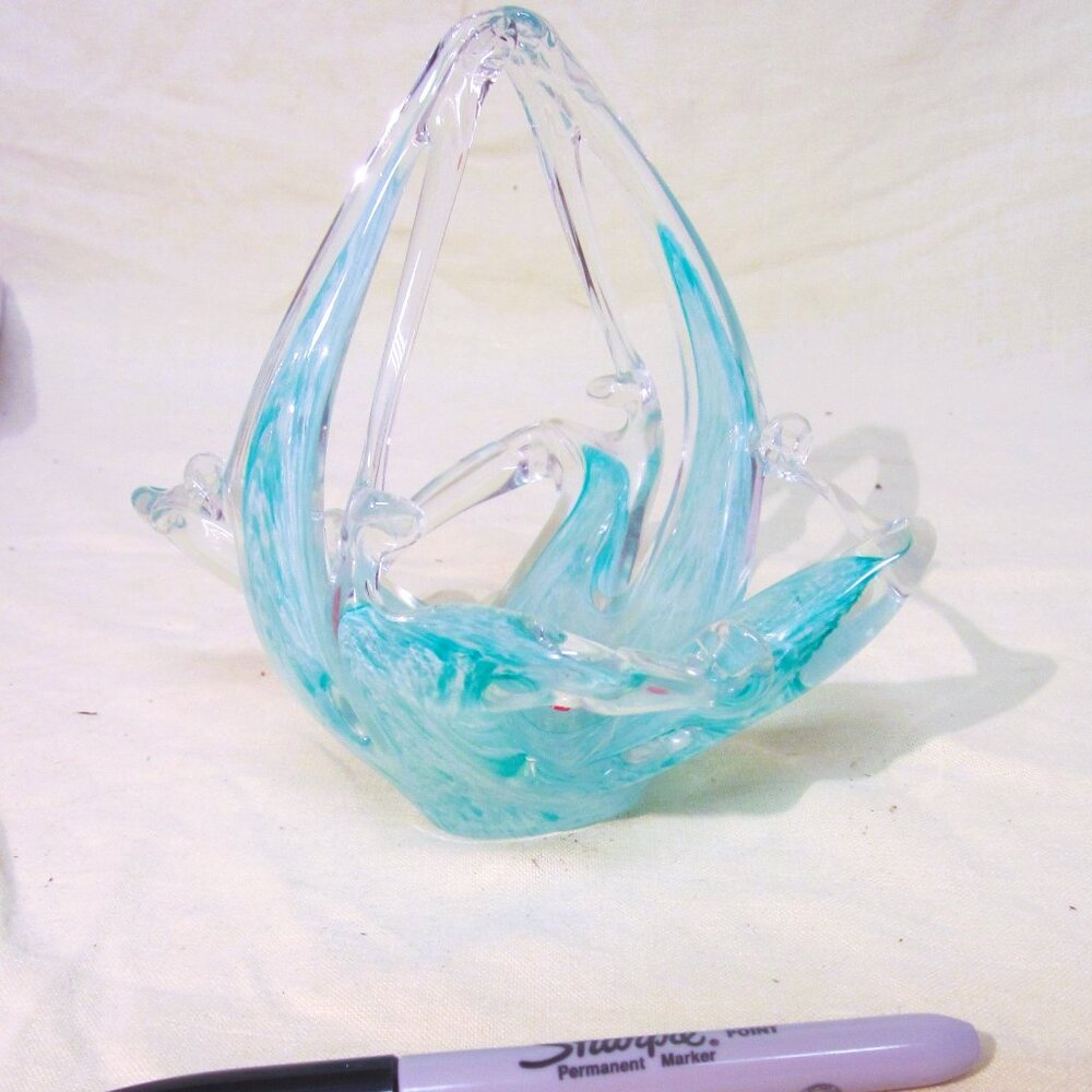 VTG MURANO MADE IN ITALY GLASS ART BASKET BLUE SWIRL